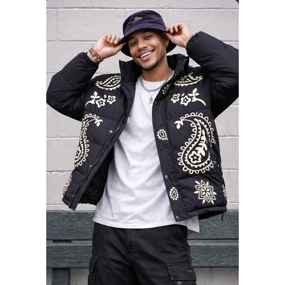Profound Other - Profound Paisley Print Puffer Coat Black Cream Mens M Streetwear Statement